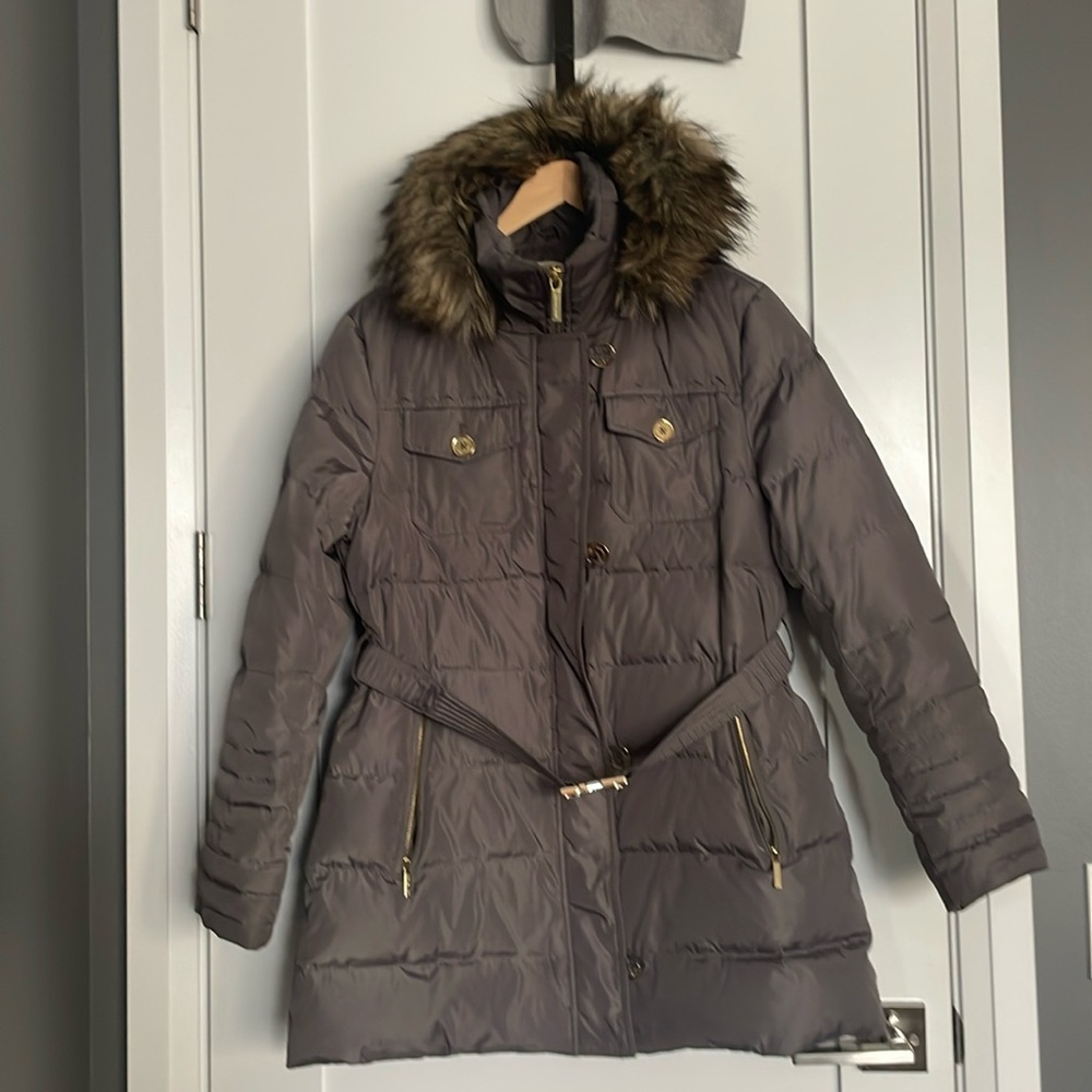 Michael Kors Charcoal Puffer Coat with Faux Fur Hood